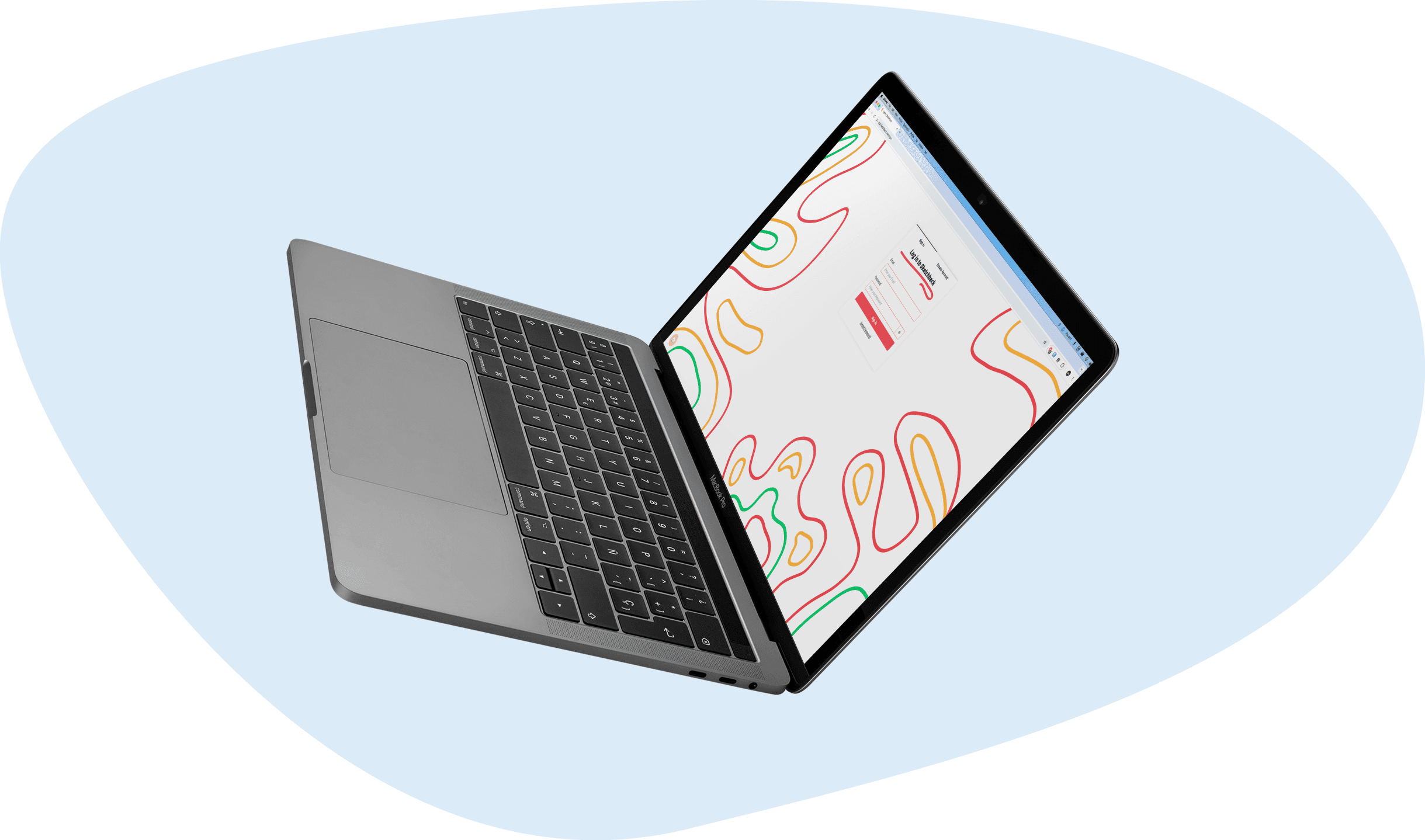 Falling laptop with Sketchback on screen